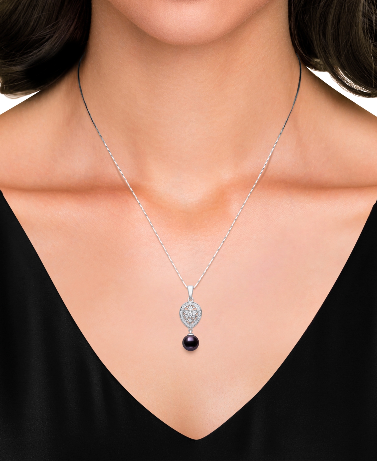 Belle De Mer Freshwater Peacock Black Pearl (8-9mm) And Lab Created Sapphire Drop Necklace In Sterling Silver In Black
