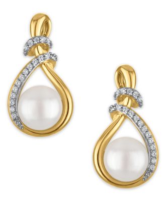 Cultured Freshwater Pearl (8mm) and Cubic Zirconia Drop Earrings in 14k Gold Over Sterling Silver
