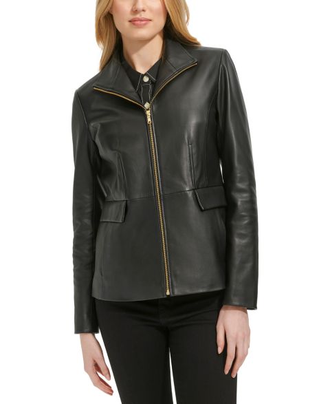 Женская куртка Cole Haan Petite Wing-Collar Leather, цвет: Чёрный