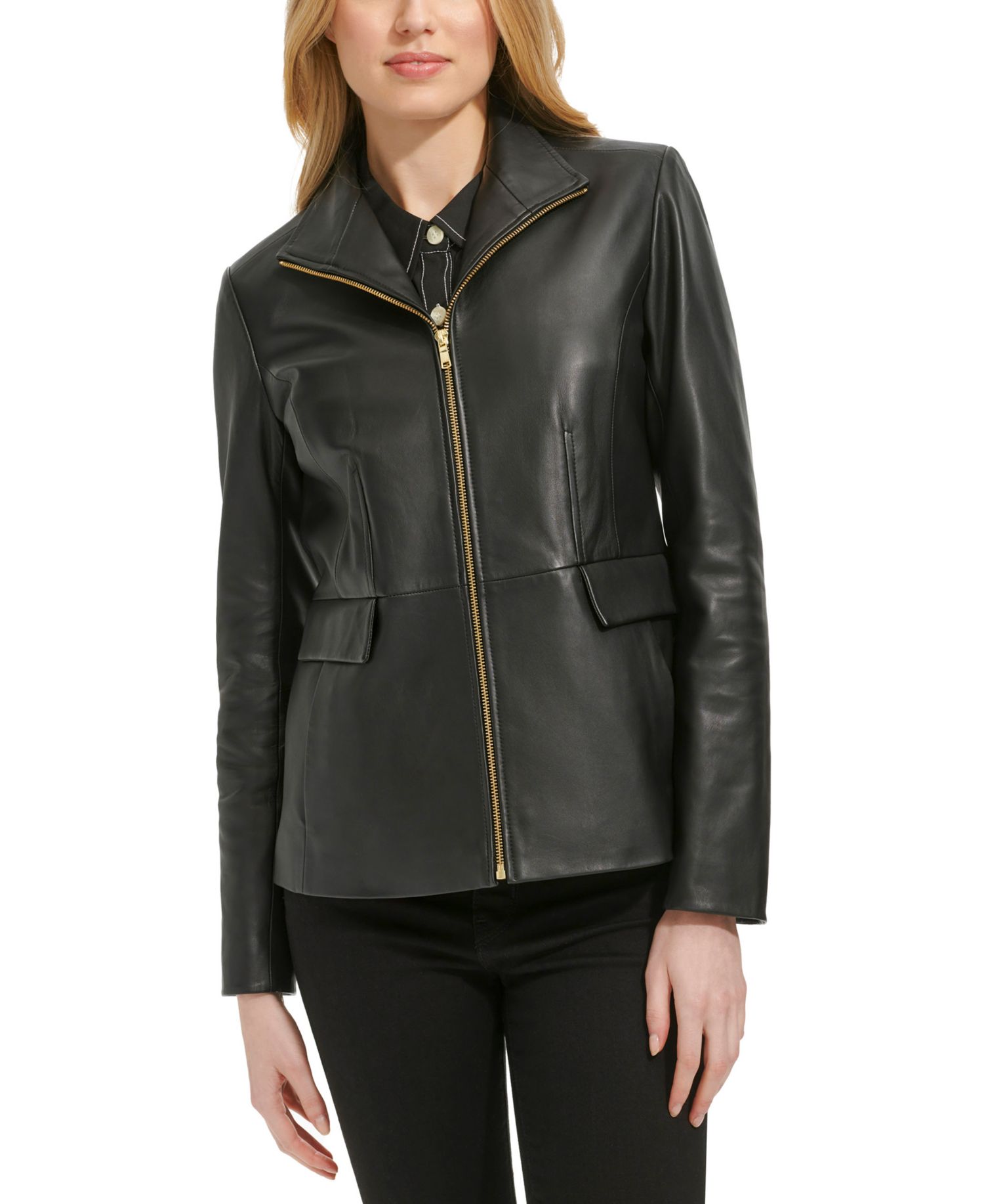 Petite Wing-Collar Leather Jacket