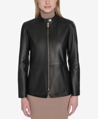 Women's Hand Stitched Detail Stand Collar Leather Jacket