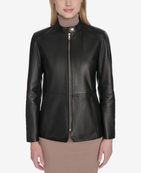 Женские куртки Cole Haan Women's Hand Stitched Detail Stand Collar Leather Jacket