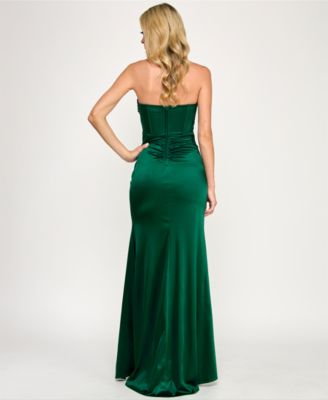 Juniors' Satin Strapless Crisscross Corset Gown with Slit
