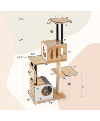 Wood Cat Tree w/Dual Cat Condos Sturdy Metal Tubes Frame Sisal Scratching Posts