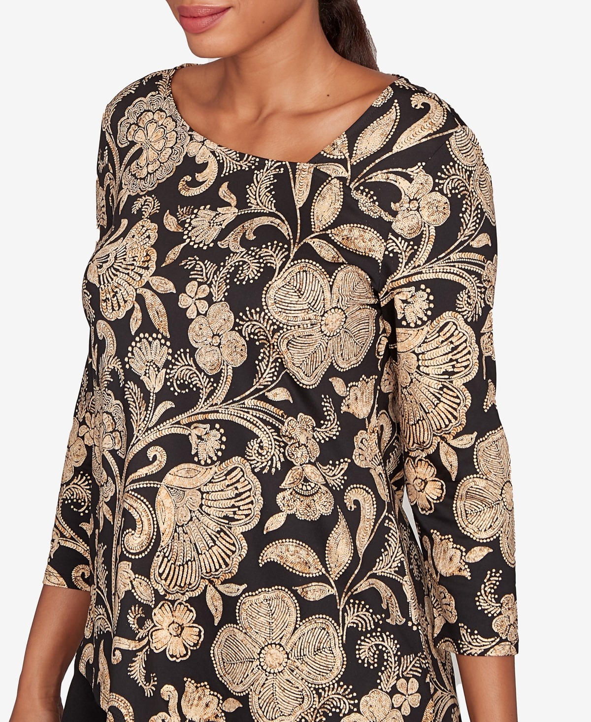 Ruby Rd. Petite Gold Foil Floral Printed Knit Top In Multi