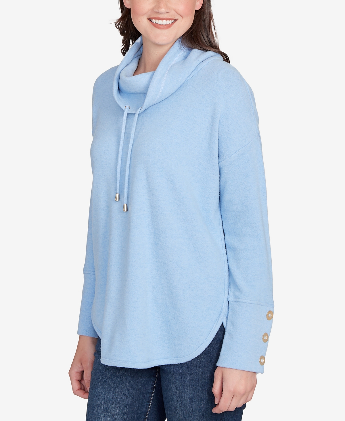 Ruby Rd. Petite Cowl Neck Cozy Hatchi Drawstring Top In Blue