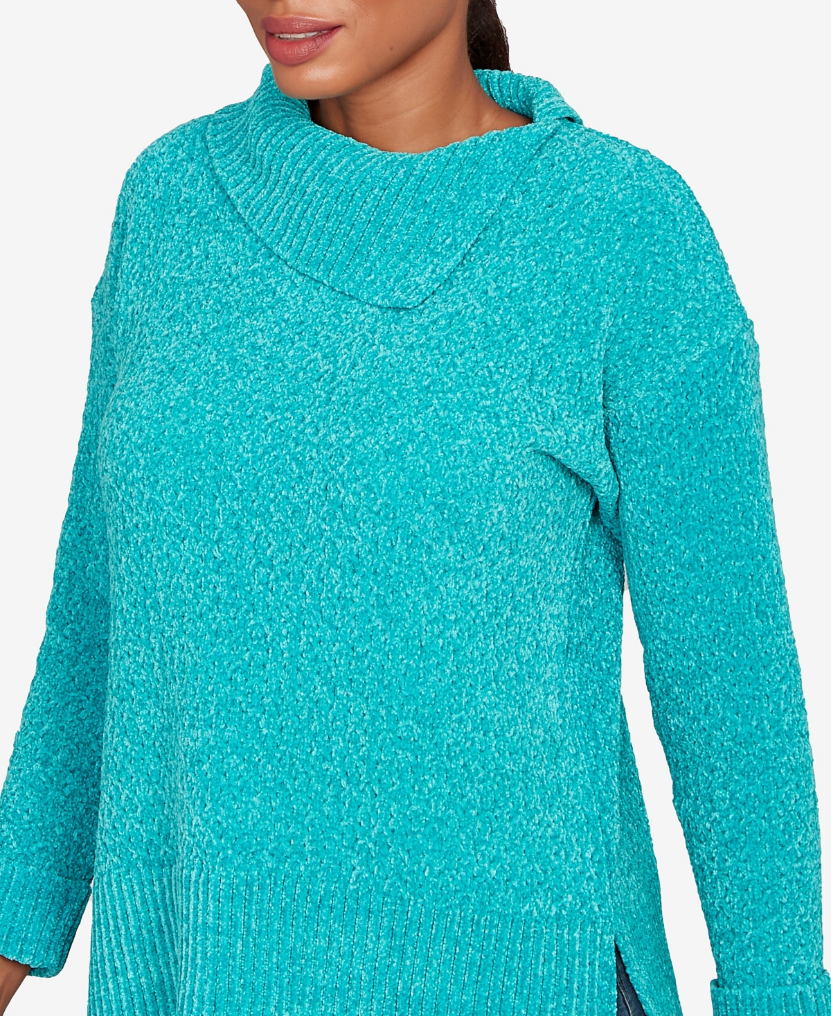 Ruby Rd. Petite Split Cowl Chenille Pullover Sweater In Blue