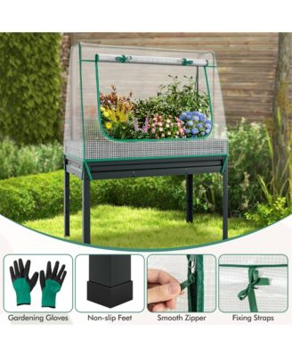 Raised Garden Bed w/ Cover & Legs Roll-up Window Climbing Trellis Drainage Holes