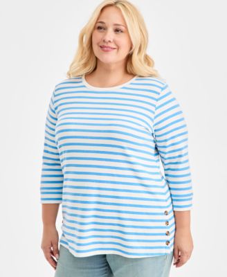 Plus Size Striped Side-Button Knit Tunic Top