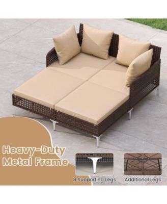 Outdoor Rattan Double Daybed Wicker Chaise Lounge for 2 w/ Seat & Back Cushions