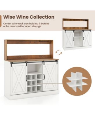 Farmhouse Coffee Bar Cabinet with Charging Station and Sliding Barn Doors