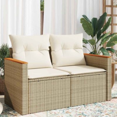 Patio Sofa Beige PE rattan, Powder-coated steel, Solid acacia wood