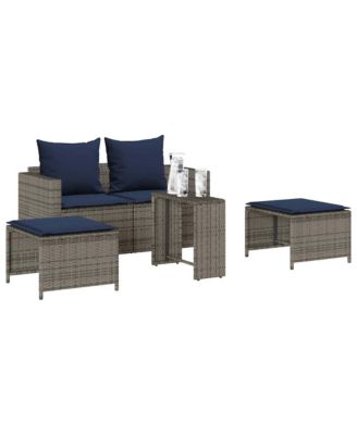 5 Piece Patio Sofa Set with Cushions Stackable Gray Poly Rattan