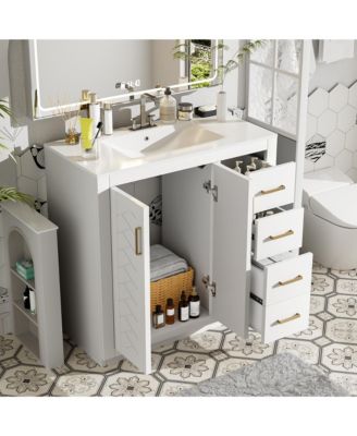 36inch Bathroom Vanity with Ceramic Sink Combo Solid Wood Frame Bathroom Storage Cabinet Freestanding Vanity Set with 3 Drawers Soft Closing Doors