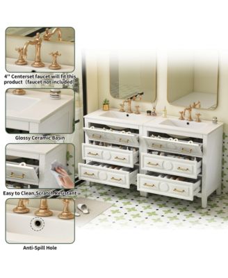 60inch Bathroom Vanity Set with Ceramic Sink Separate Free Standing Single Vanity Set with 3 Drawers Solid Wood Frame Bathroom Storage Cabinet White