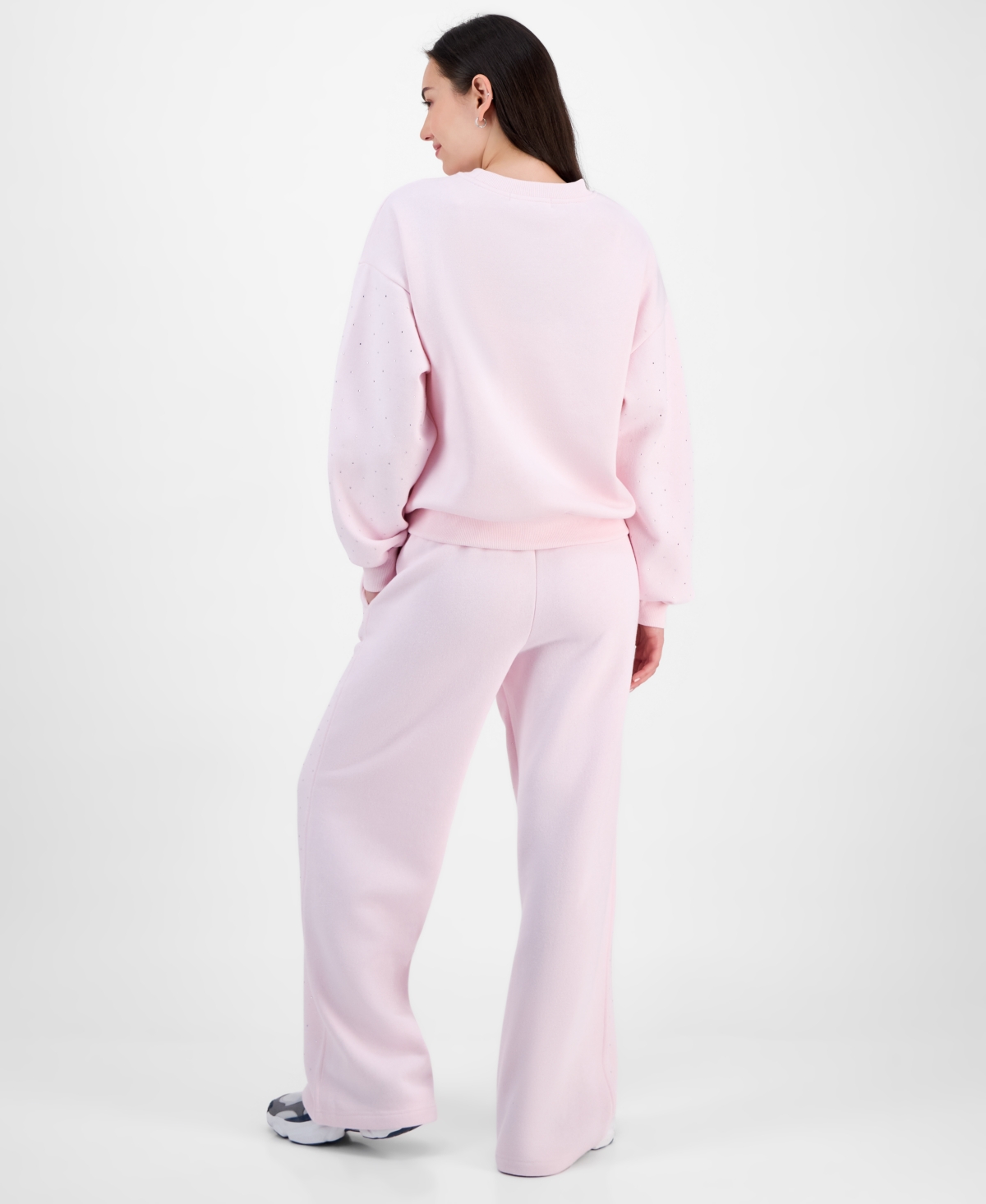 Madden Girl Juniors' Rhinestone-front Wide-leg Sweatpants In Pink