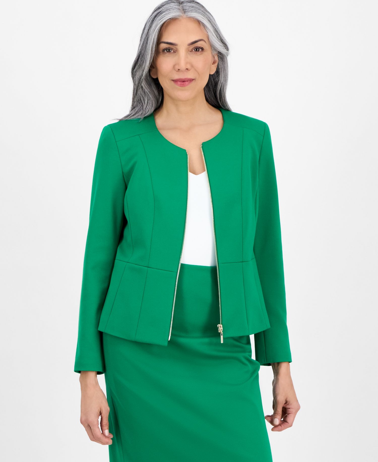 Women's Collarless Zip-Front Ponte 2 Piece Skirt Suit