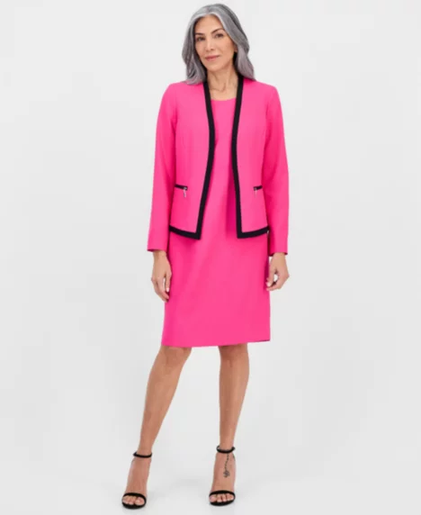 Women's Collarless Open-Front Ponte Jacket & Dress Set, Regular & Petites - Lipstick/black