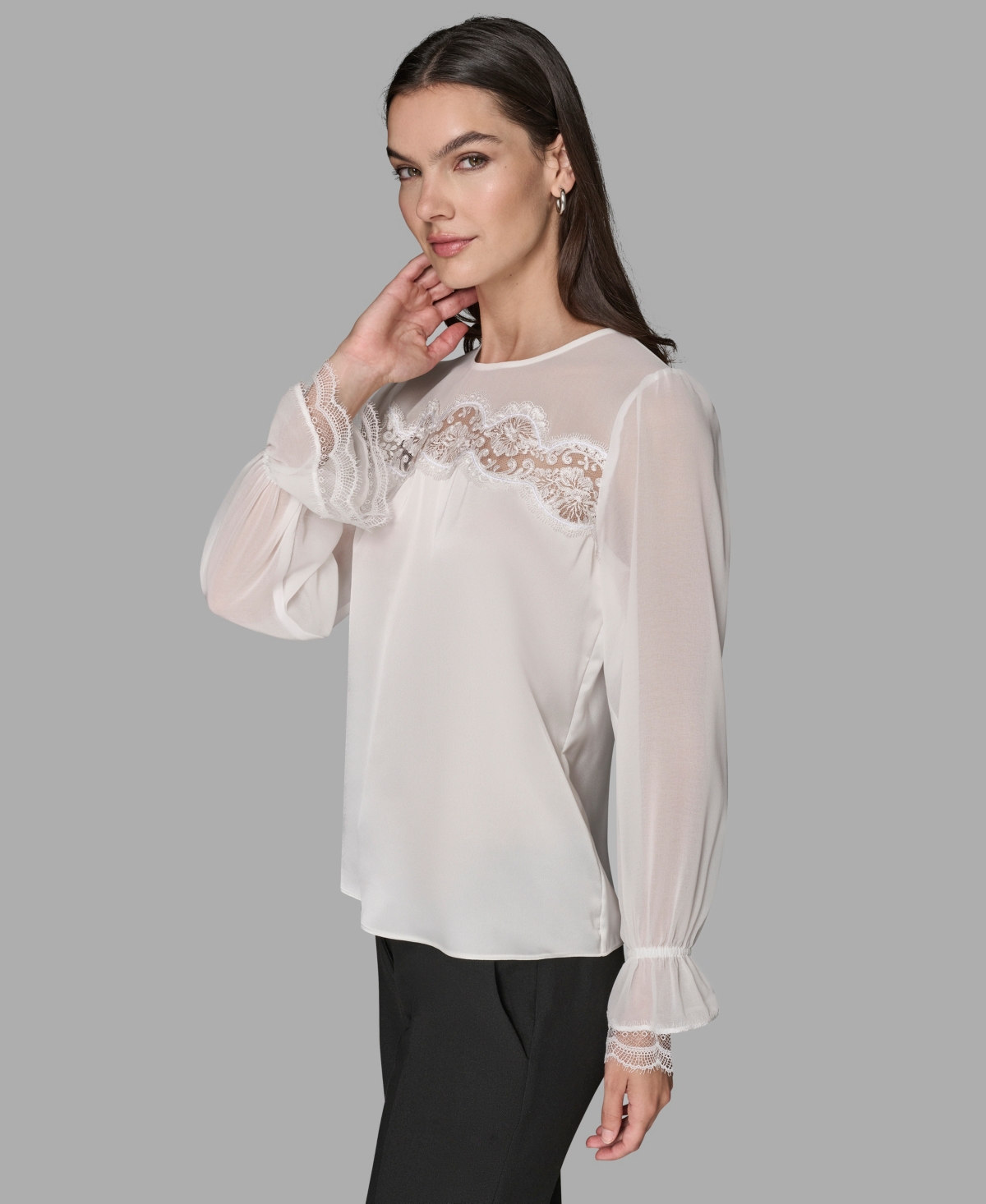 Karl Lagerfeld Women's Long Sleeve Lace Top In White