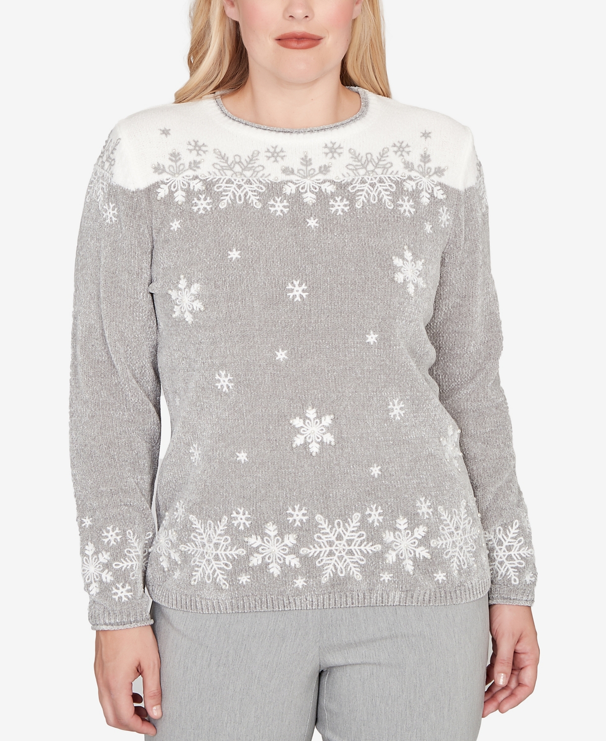 Alfred Dunner Petite Stockbridge Snowflake Embroidery Chenille Sweater In Gray