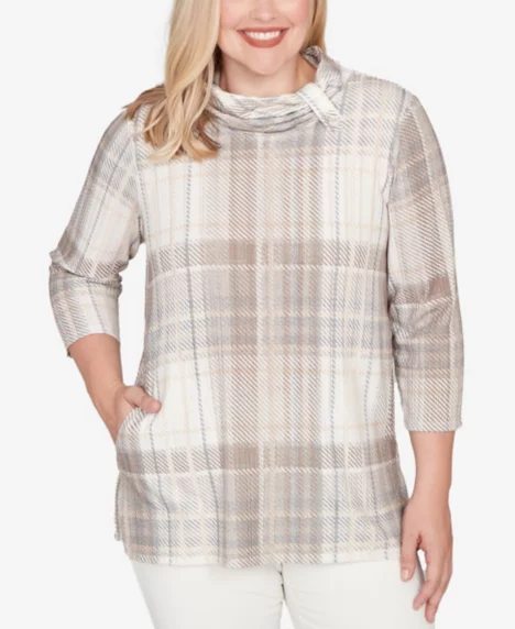 Petite Vienna Draped Cowl Neckline Plaid Knit Top - Latte Multi
