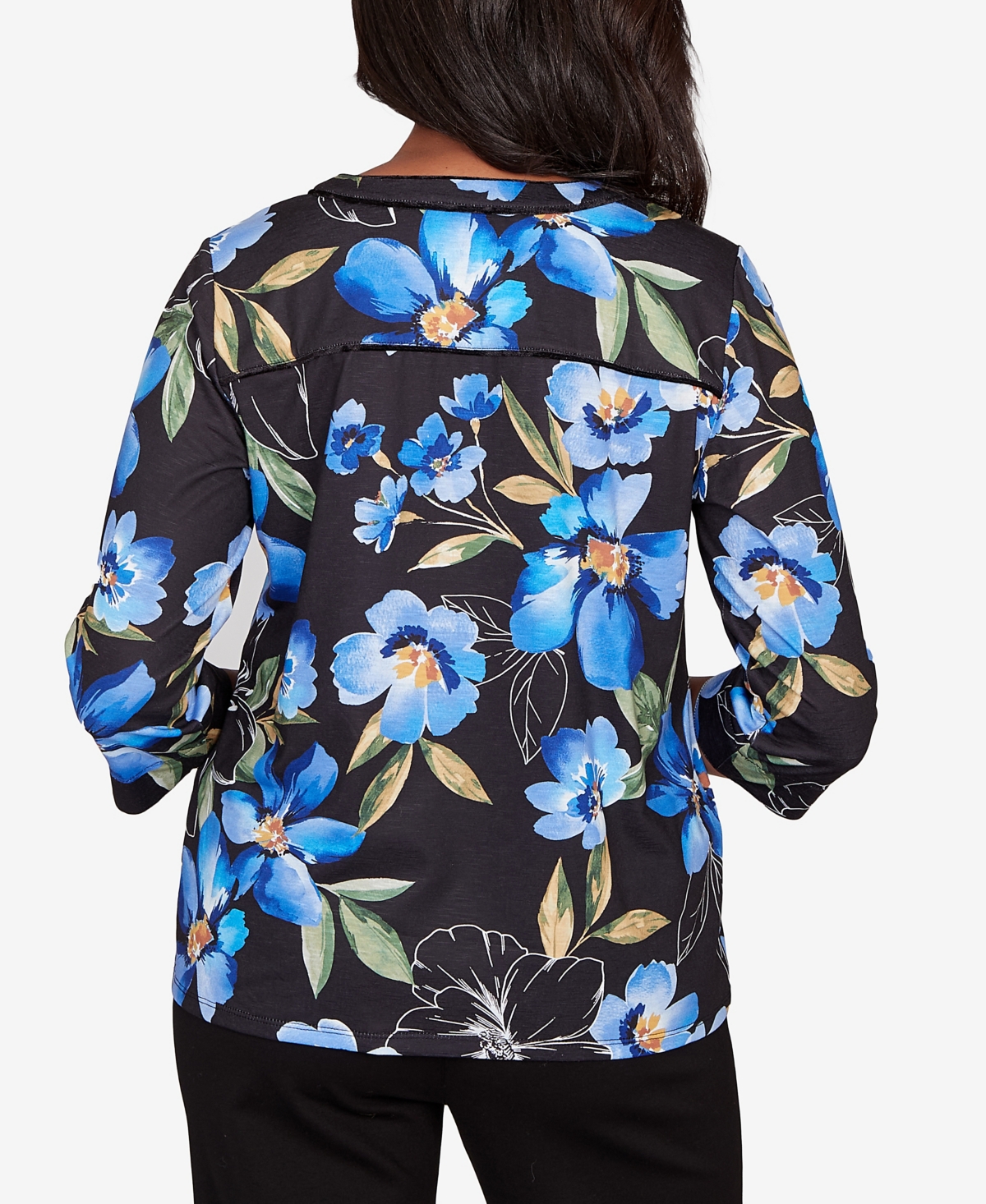 Alfred Dunner Petite Barcelona Watercolor Floral Velvet Trim Top