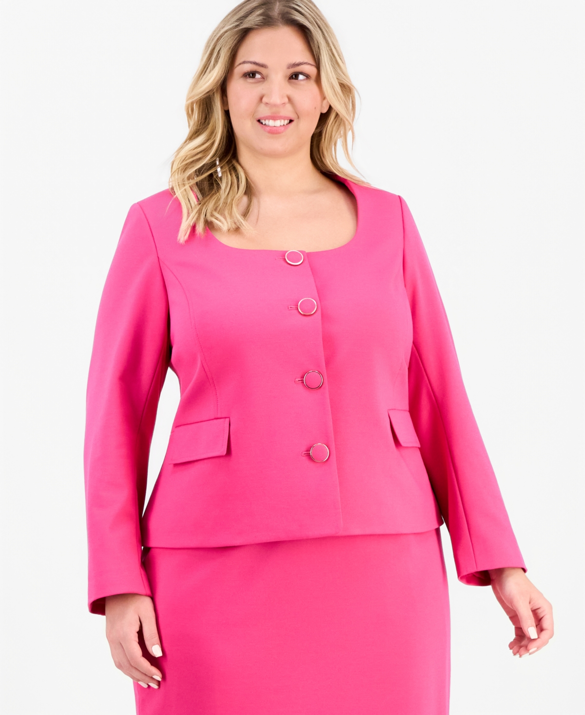Le Suit Plus Size Square-neck Button-front Skirt Suit In Red