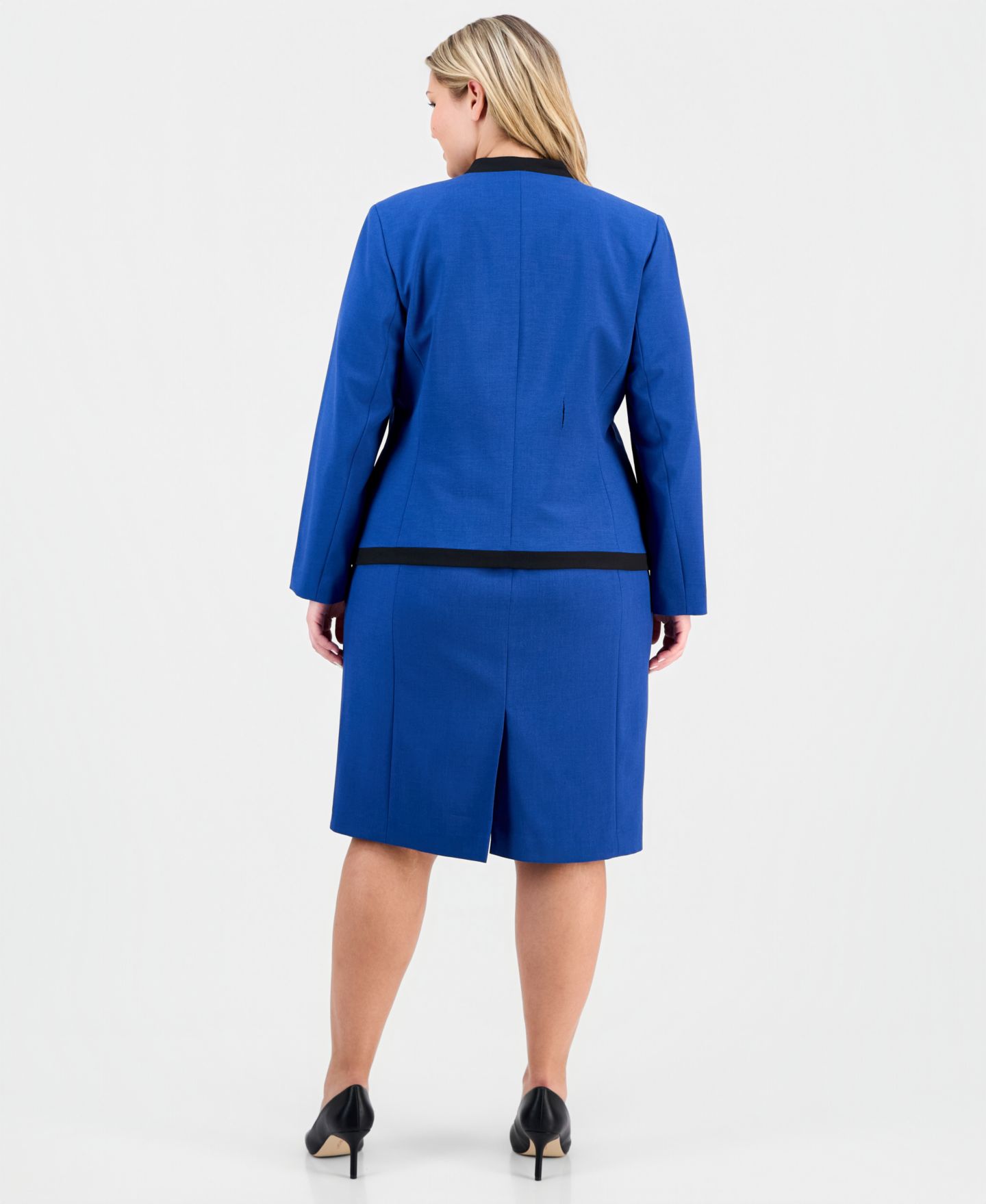 Женские платья Le Suit Plus Size Collarless Open-Front Ponte Jacket & 2 Piece Dress Suit, цвет: Синий ночной / Чёрный — фото 3