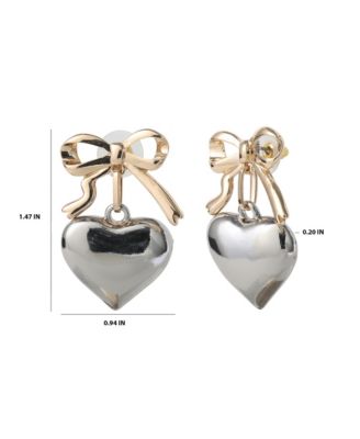 Silver Heart Drop Earrings with Gold Bow Accent