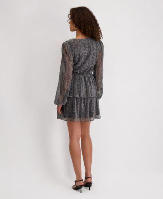 Women's V-Neck Textured Metallic Knit Dress