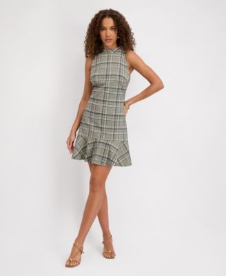 Women's Mock Neck Sleeveless Plaid Woven Dress