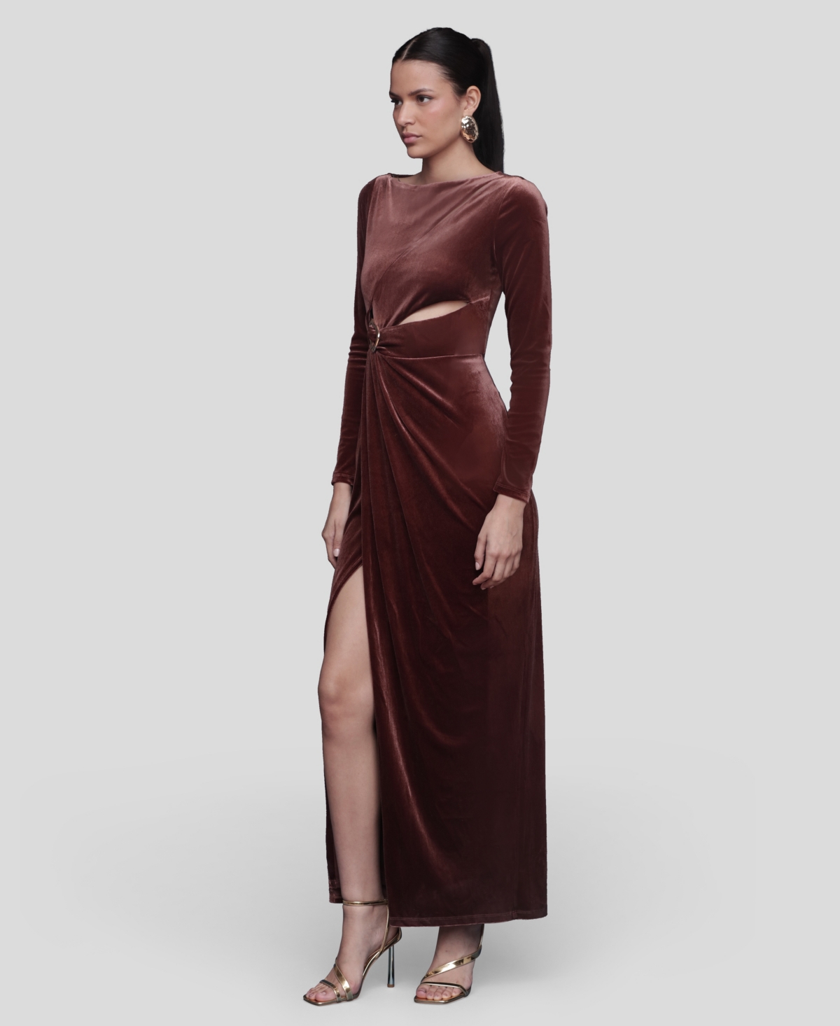 Avec Les Filles Women's Asymmetric Drape Long Sleeves Maxi Dress In Brown