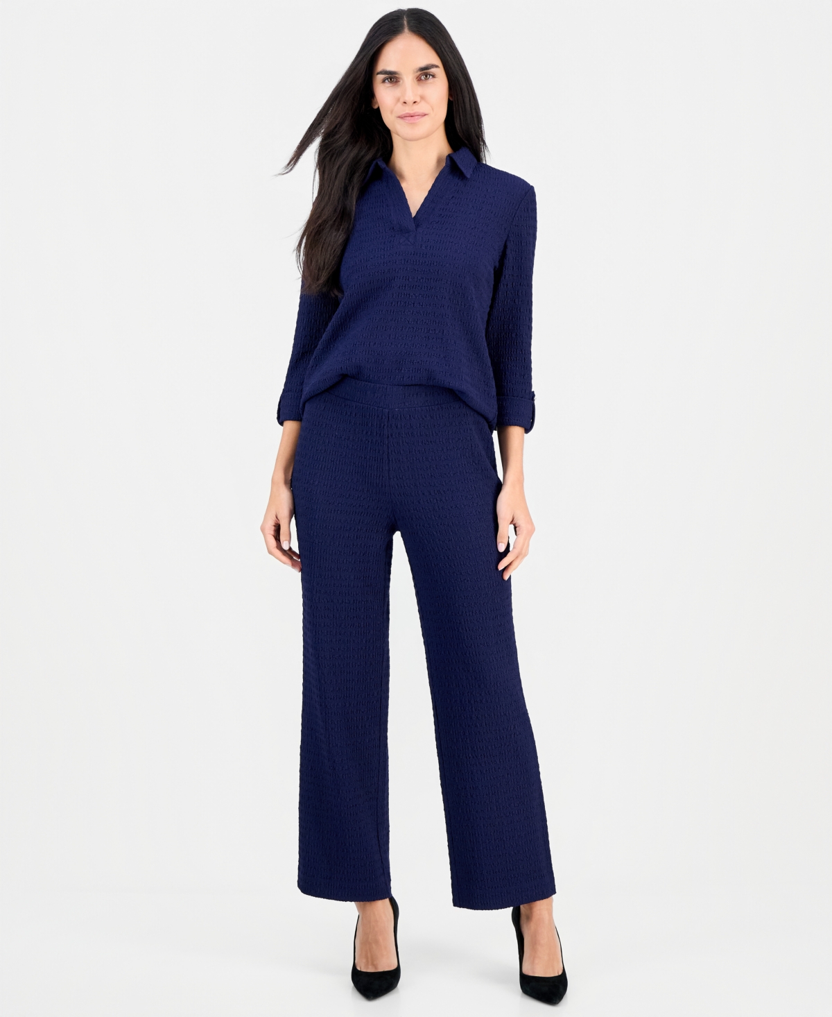 Ak Anne Klein Petite Ridge Knit Pull-On Wide-Leg Pants