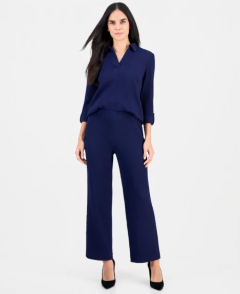 AK Anne Klein Petite Ridge Knit Pull-On Wide-Leg Pants - Distant Mountain