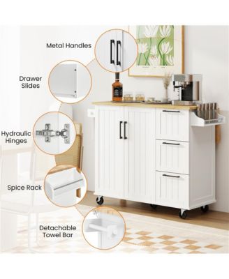 49×29.5×36 inches Kitchen Cart with Wood Top and Drop Leaf Breakfast Bar White