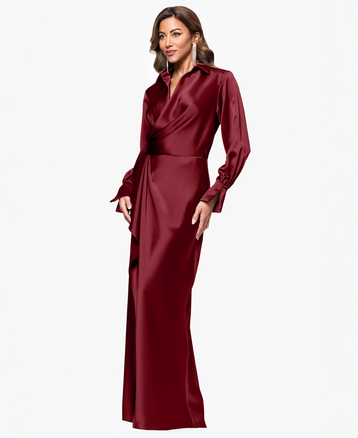 Xscape Women's Satin Shirtdress Gown In Burgundy