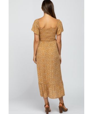 Maternity Mustard Floral Smocked Maxi Dress