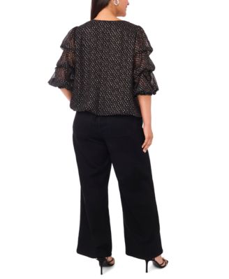 Plus Size V-Neck Balloon Sleeve Printed Top