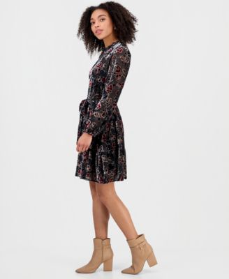 Women's Floral Tie-Waist Long-Sleeve Mini Dress