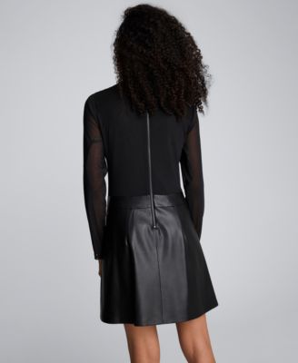 Women's Faux Leather Mixed Media Midi Dress