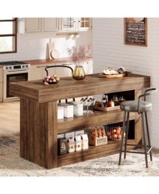 55-Inch Kitchen Island with Storage, Farmhouse 3-Tier Stationary Island Table