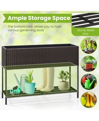 Elevated Planter Box Raised Garden Bed w/ Rattan Surface Bottom Storage Shelf & Removable Liner