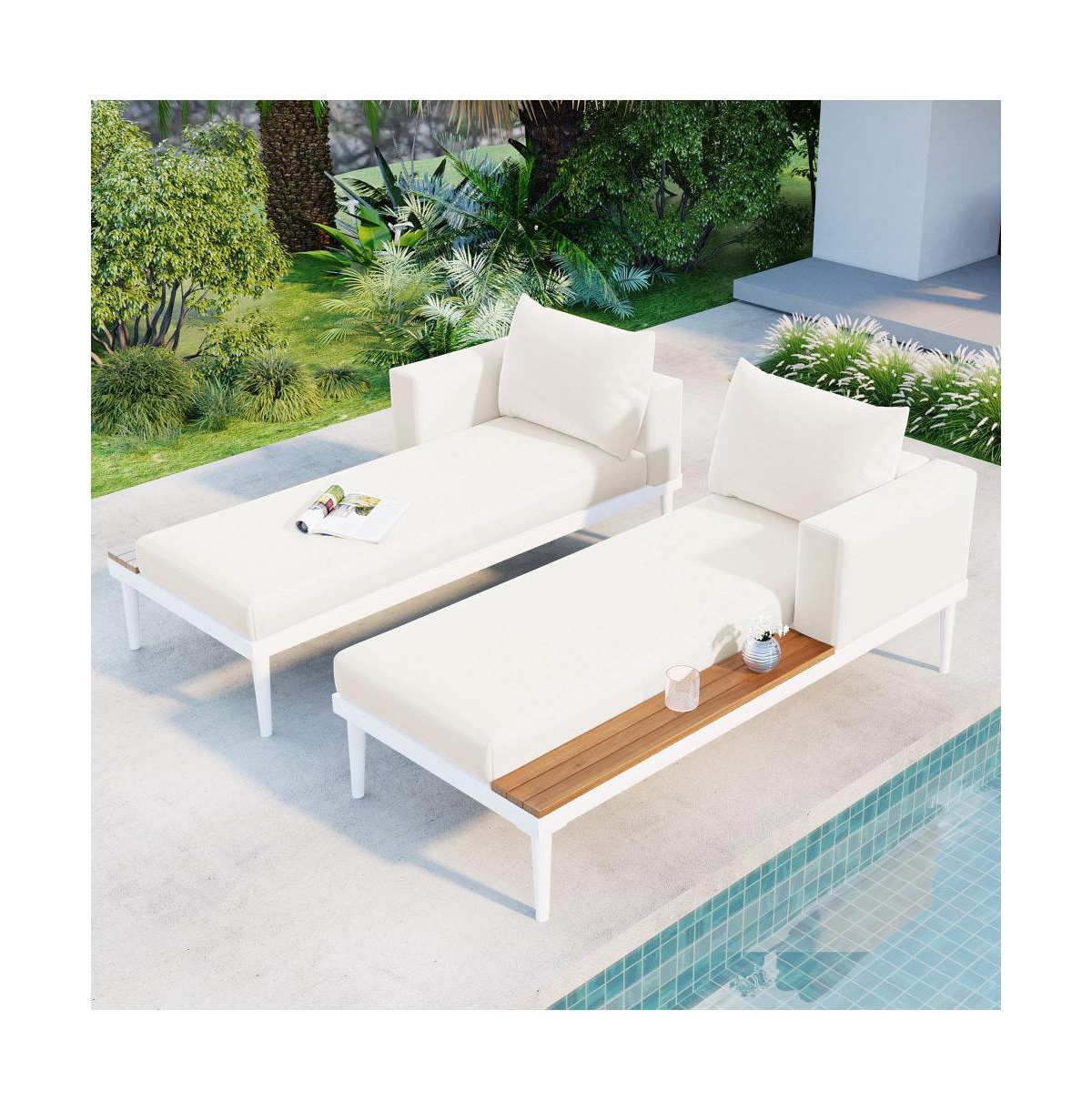 Chic Crate - Beige 2 in 1 Padded Chaise Lounges for Deck Balcony - Modern Outdoor Daybed with Wood Topped Side Spaces