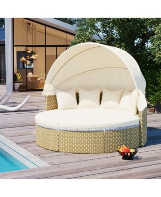 - Rattan Daybed Outdoor Sectional Sofa Set - Retractable Canopy - Beige