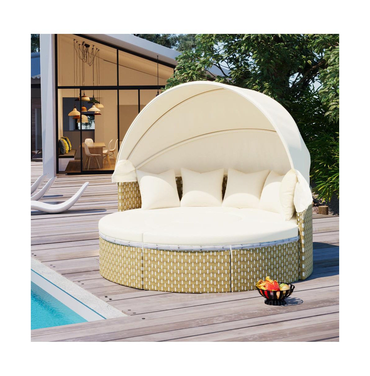 Chic Crate - Rattan Daybed Outdoor Sectional Sofa Set - Retractable Canopy with Removable Cushion & Separate Seating for Backyard & Poolside (Beige)