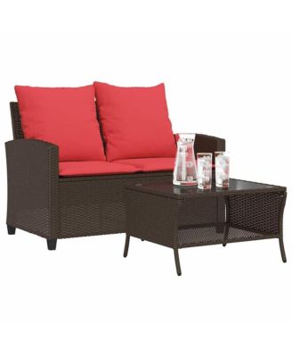 Patio Sofa 2-Seater with Cushions&Table Brown Poly Rattan