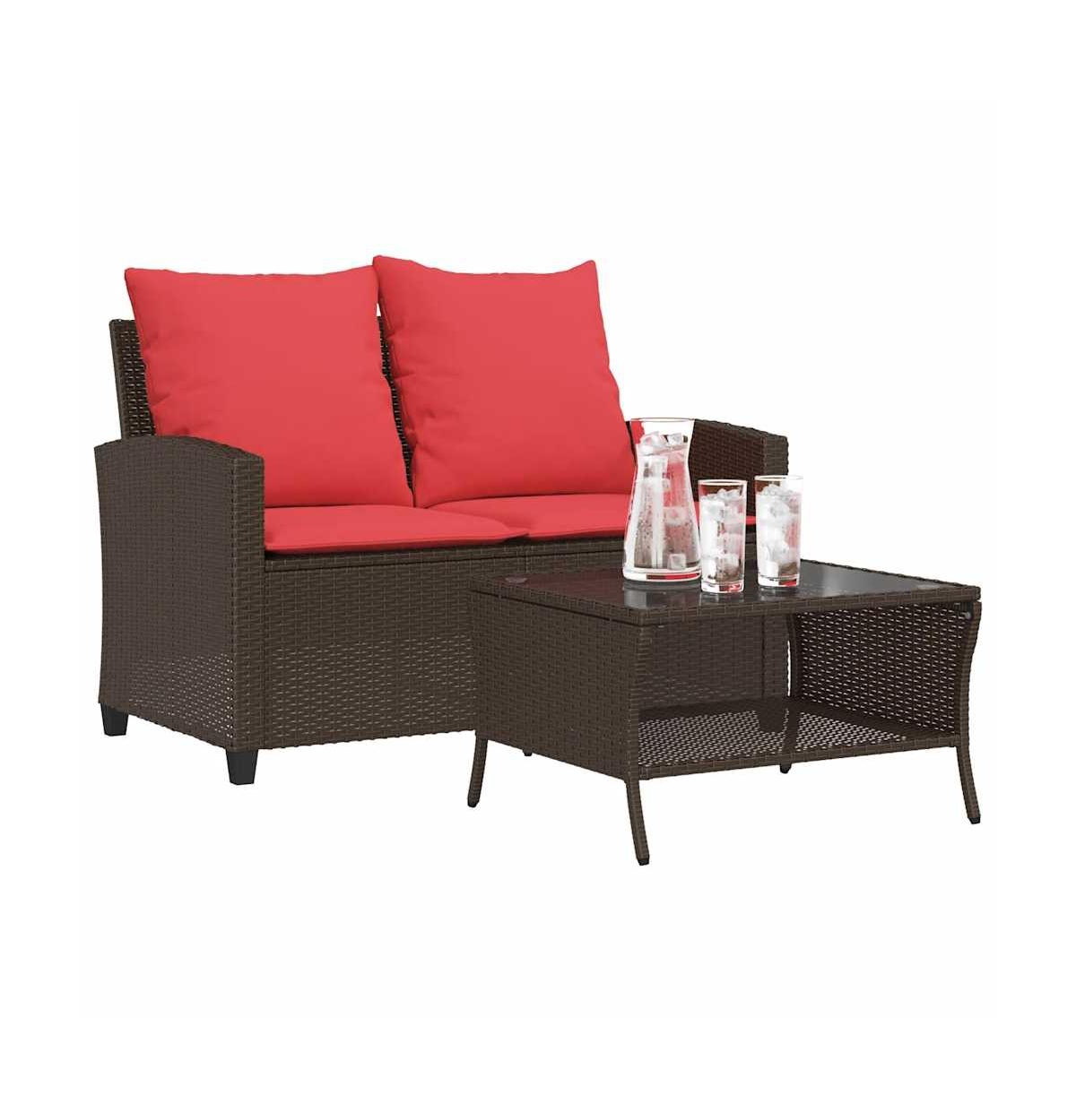 Patio Sofa 2-Seater with Cushions&Table Brown Poly Rattan