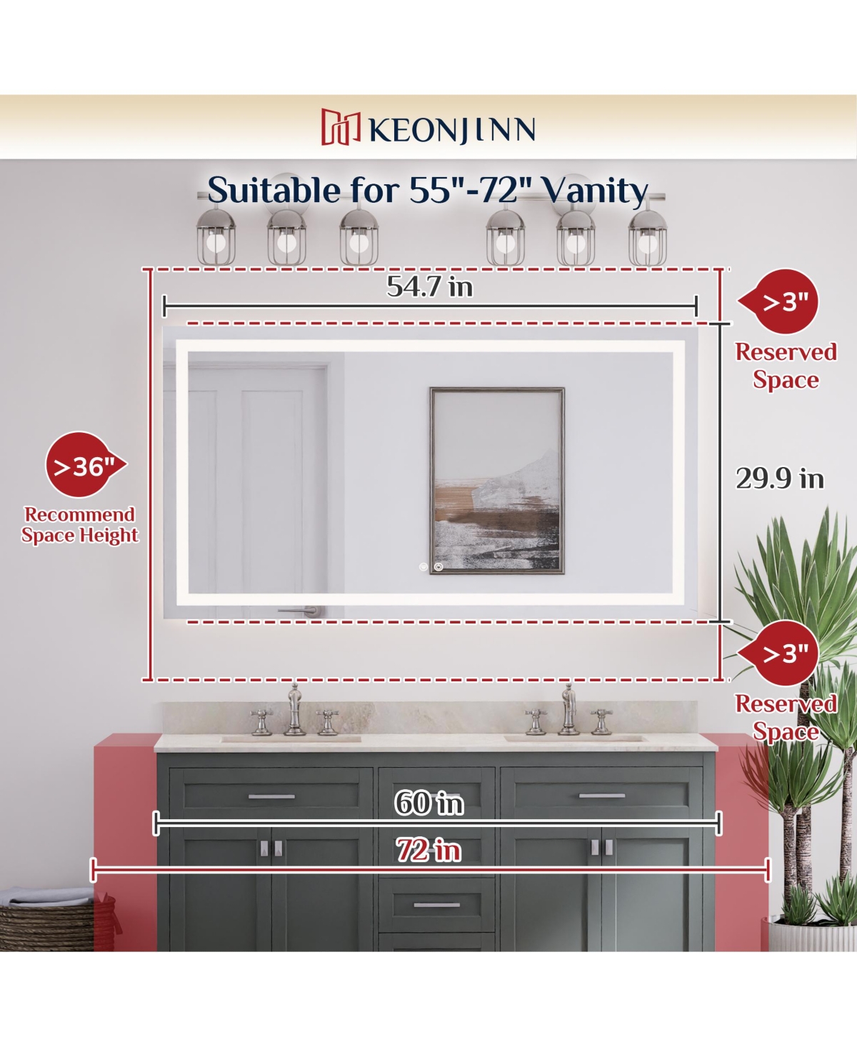 keonjinn Inch Led Bathroom Vanity Mirror Tempered Glass Front & Backlit Dimmable 3 Color Lighted Mirror Anti-fog Memory Function Frameless