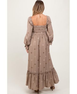 Maternity Cream Long Sleeve Floral Accent Dress