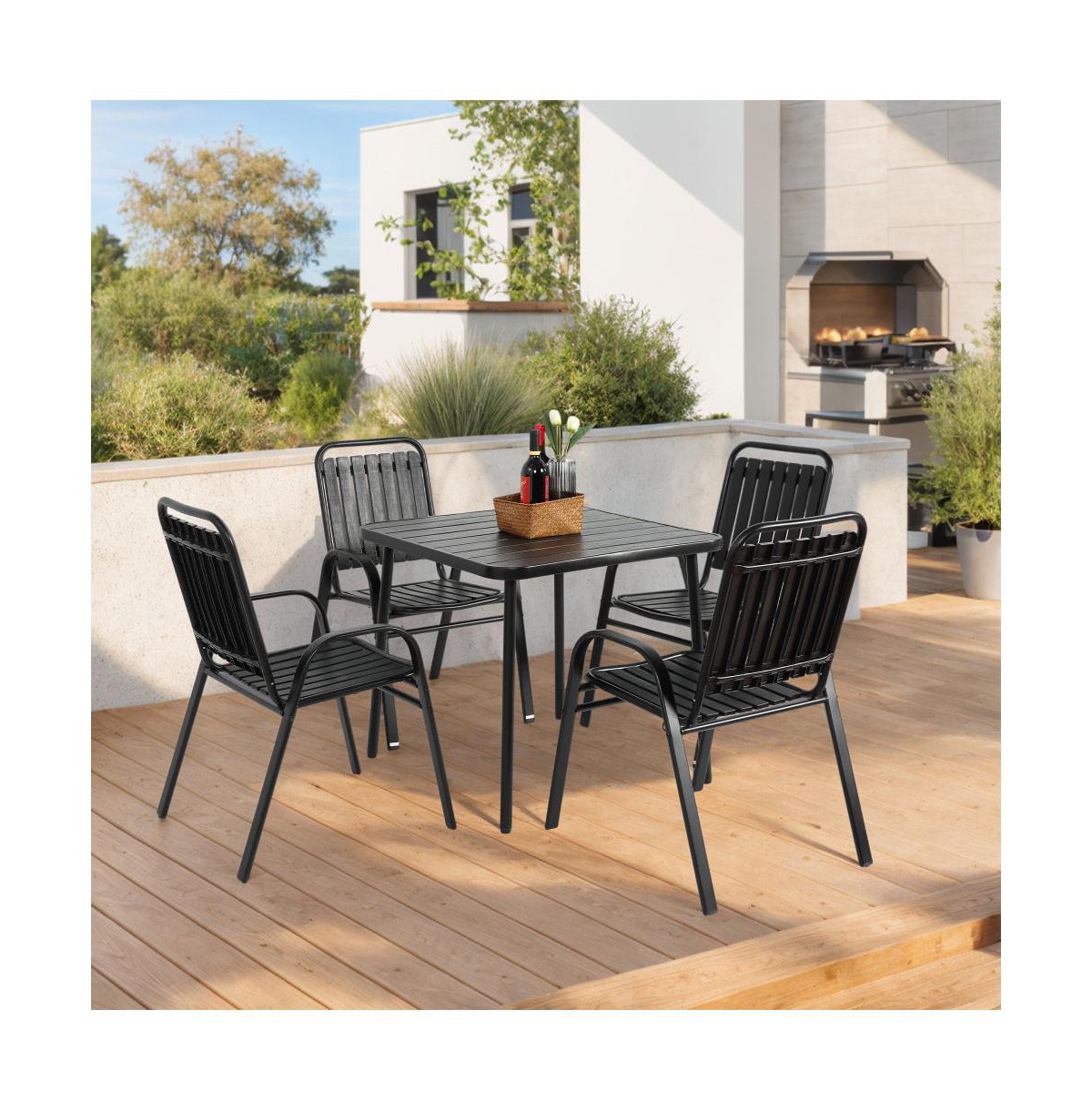 Chic Crate-5-Piece Steel Table & Plastic Chair Outdoor Dining Set - Black Weatherproof Patio Furniture for Garden, Backyard